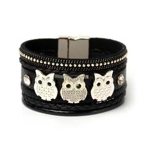 Crystal Hooty Owl BoHo Bracelet Cuffs Magnetic Clasp Black NEW